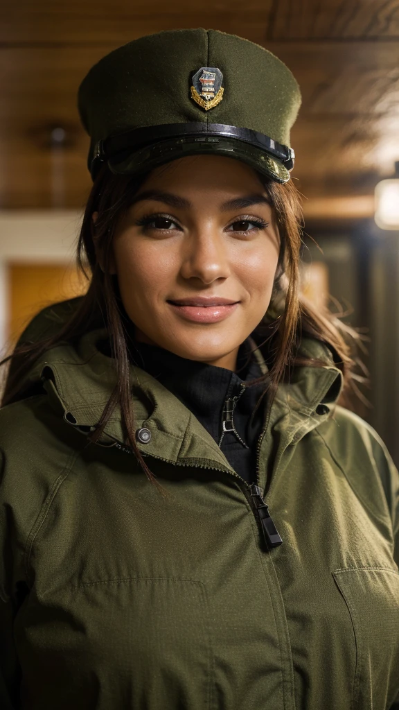 a beautiful woman of Latin ethnicity in a close-up, wearing a military uniform, on a military base in Alaska, a winter day, stunning Alaskan lighting, she is smiling.