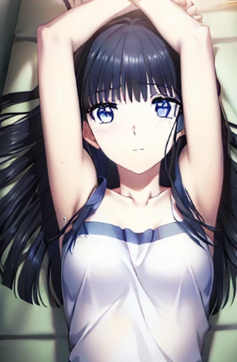 miyukishiba miyuki shiba (azure eyes:1.7), dark black long hair,  (ample chest:1.2), raised arms
BREAK collarbone, very short and low-cut apron, bare arms, bare shoulders, bare legs
BREAK looking at viewer,
BREAK indoors,
BREAK (masterpiece:1.2), best quality, high resolution, unity 8k wallpaper, lying on bed with arms up (illustration:0.8), (beautiful detailed eyes:1.6), extremely detailed face, perfect lighting, extremely detailed CG, (perfect hands, perfect anatomy),