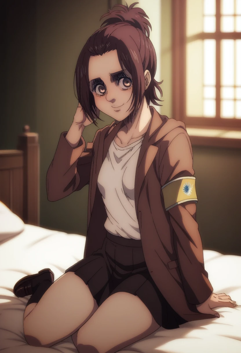 score_9, score_8_up, score_8, source_anime, shingeki_no_kyojin_s4_style, gabi braun, brown eyes, brown hair, single hair bun, , jacket, loafers,upper body, looking at viewer, smile, blush, seductive smile, navel, small breasts, legs, sitting, bed, nipples, armpits, undressing,