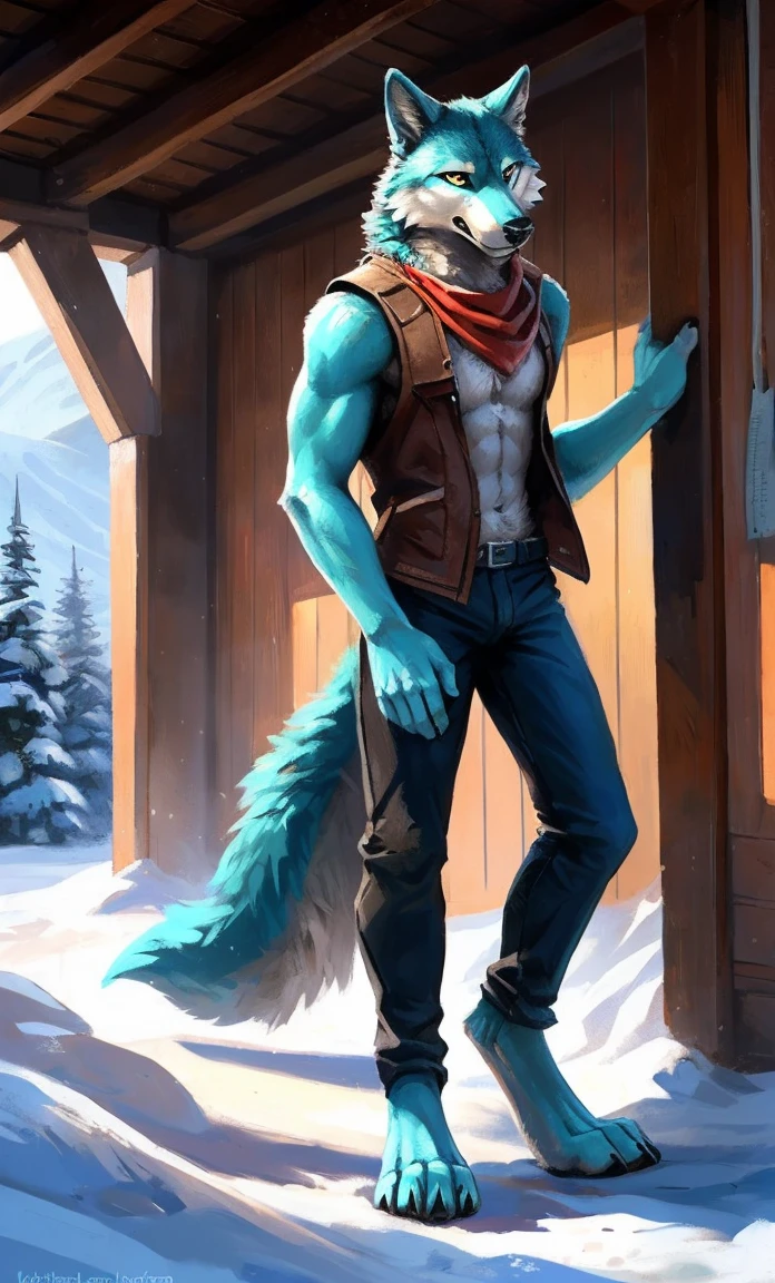 (standing alone)), male people, anthropo lobo, (multicolored skin, White Brown:1.3,Pointed gray tail), (height 1.8m,Tail length 1.2M), ((wolf face, eyes large, White eyelids, Cyan pupil, Scrawny:1.2) (difficult, calm expression:1.2)), Scrawny, ping)), (anatomical correct), (vestimentas: open blue vest:1.1), Naked upper body, (vestimentass detalhadas),A long big tail,feet,(realisic skin, detailed skin texture, labeled:1.3)), (natural lighting), photorrealistic, hyper realist, ultradetailed, por Kenket,snow field,erect through,Continuing, Gray arms, anteGray arms, White hands, feet brancos, gray legs. he wears a red bandanna on his forehead, He wears black jeans, cyan beans