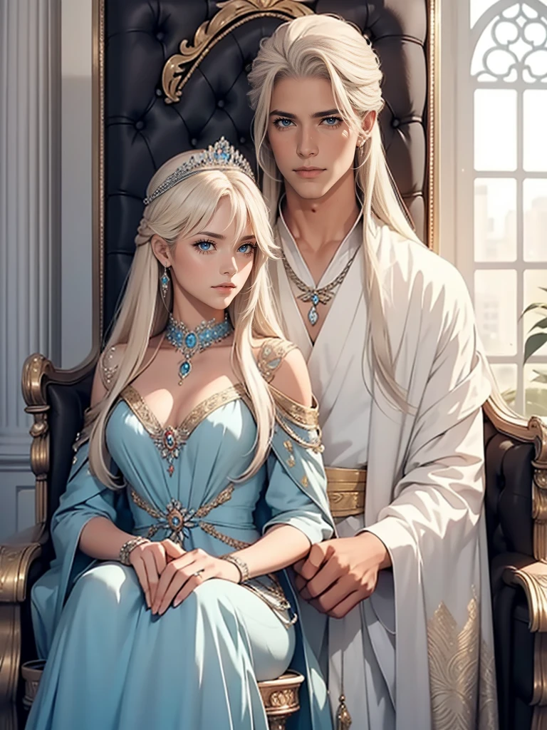 A tall, handsome, statuesque, courageous, adult man is a platinum blonde king, he has tanned skin, blue eyes, long straight platinum hair, long bangs, he is wearing a royal outfit, he leads an incredibly beautiful young femme fatale blonde with blue eyes, she is a princess, she has long golden hair, Long bangs, she's wearing a gorgeous dress. the tiara. exquisite jewelry. The throne room. They're in love.Realistic image. 