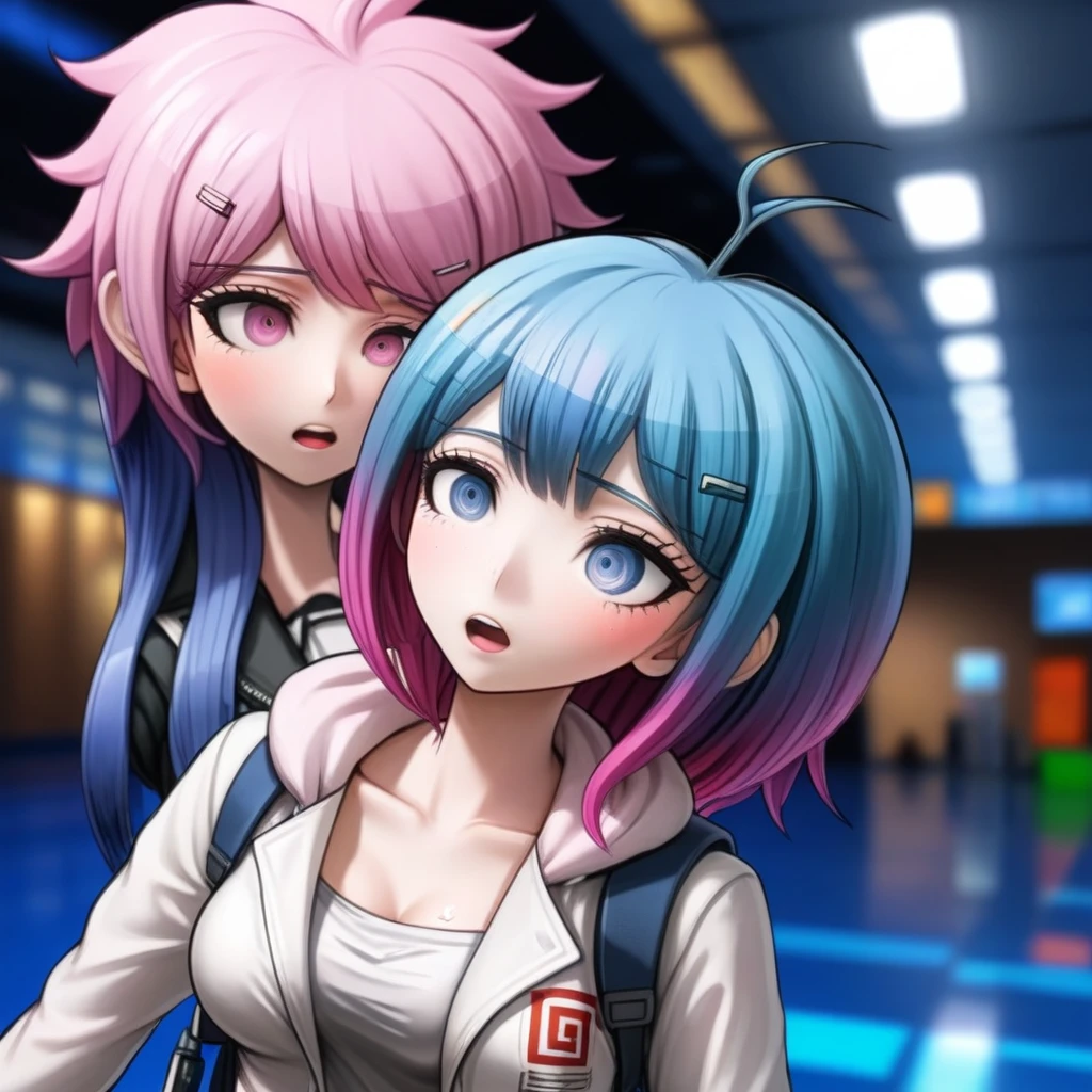 A beautiful woman with pink hair, bored expression, danganronpa style, full-body, detailed face, komatsuzaki rui style, blue hair, motion lines, anatomically correct, (best quality,4k,8k,highres,masterpiece:1.2),ultra-detailed,(realistic,photorealistic,photo-realistic:1.37),HDR,UHD,studio lighting,ultra-fine painting,sharp focus,physically-based rendering,extreme detail description,professional,vivid colors,bokeh