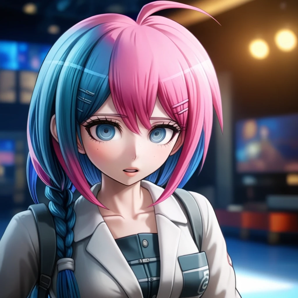 A beautiful woman with pink hair, bored expression, danganronpa style, full-body, detailed face, komatsuzaki rui style, blue hair, motion lines, anatomically correct, (best quality,4k,8k,highres,masterpiece:1.2),ultra-detailed,(realistic,photorealistic,photo-realistic:1.37),HDR,UHD,studio lighting,ultra-fine painting,sharp focus,physically-based rendering,extreme detail description,professional,vivid colors,bokeh