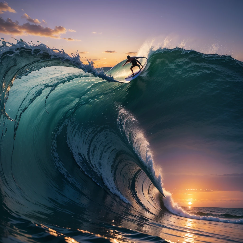 A surfer catching a big wave at sunset, with the ocean in shades of orange and purple