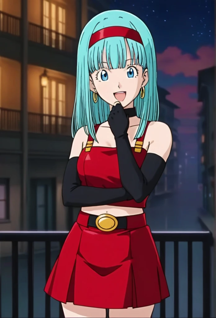 source_anime, score_9, score_8_up, score_7_up, anime screencap,
bulla,mediun breasts, bigass 1girl, solo, long hair, aqua hair, looking at viewer, smile, open mouth, bangs, collarbone, :d, outdoors, sky, cloud, night, bridal gauntlets, eyelashes, hoop earrings, eyebrows, miniskirt, bare shoulders, cloudy sky,, hairband, red hairband, earrings, blue eyes, elbow gloves, red gloves, fingerless gloves, crop top, red topwear, midriff, yellow belt, skirt, red skirt