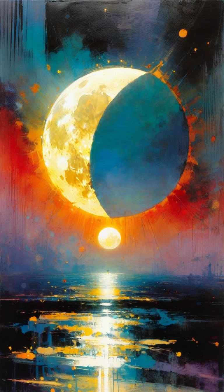 the moon against the sun (art inspired by Bill Sienkiewicz). oil painting)