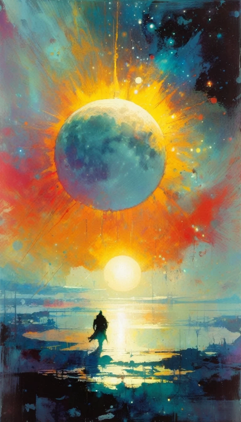 the moon against the sun (art inspired by Bill Sienkiewicz). oil painting)