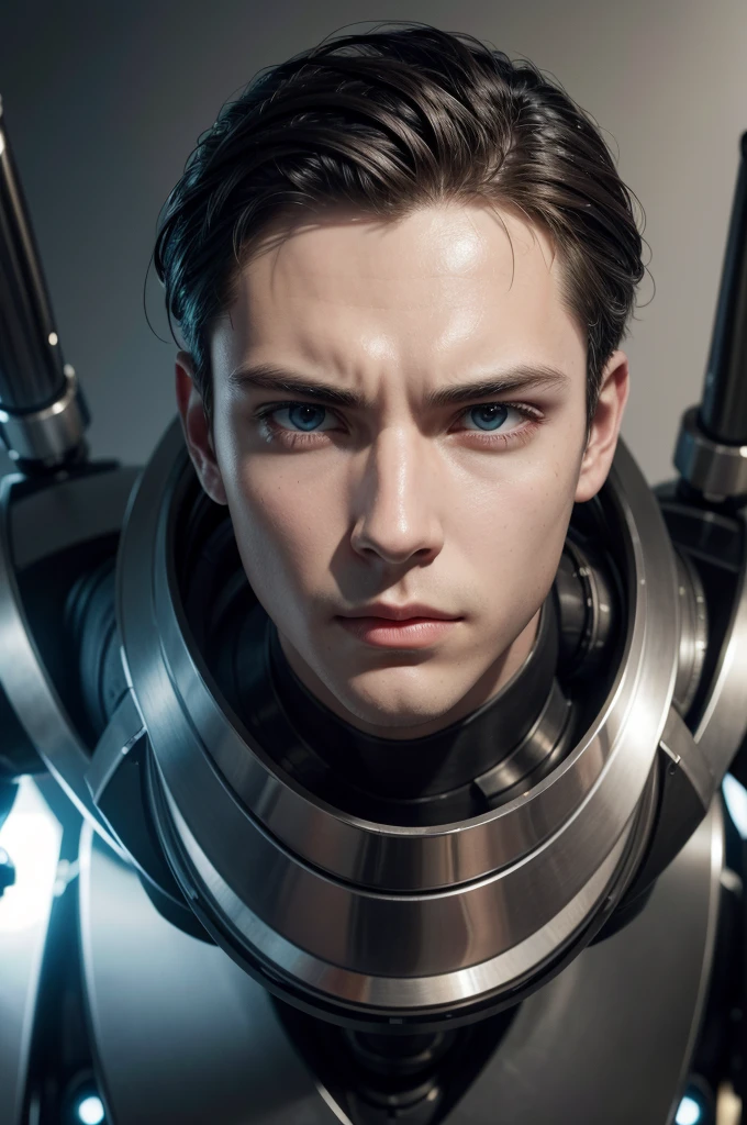industrial, a male humanoid made of polished steel with mechanical body parts and robotic arms, face seen up close, looking at the camera, neutral background