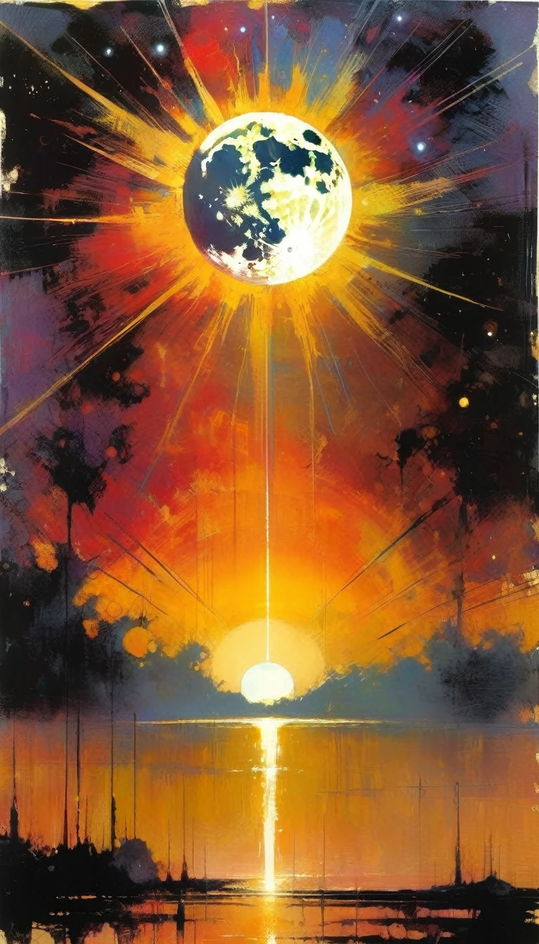the moon against the sun (art inspired by Bill Sienkiewicz). oil painting)