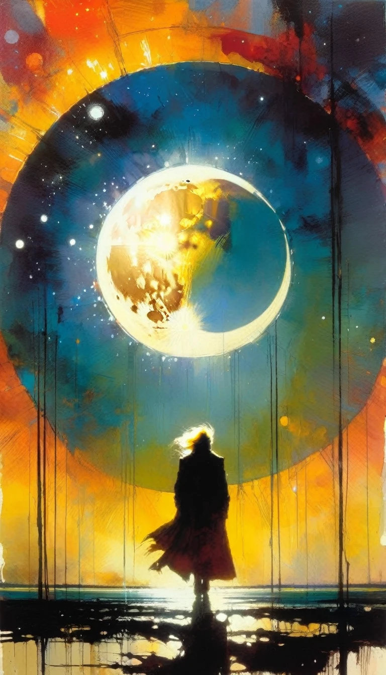 the moon against the sun (art inspired by Bill Sienkiewicz). oil painting)