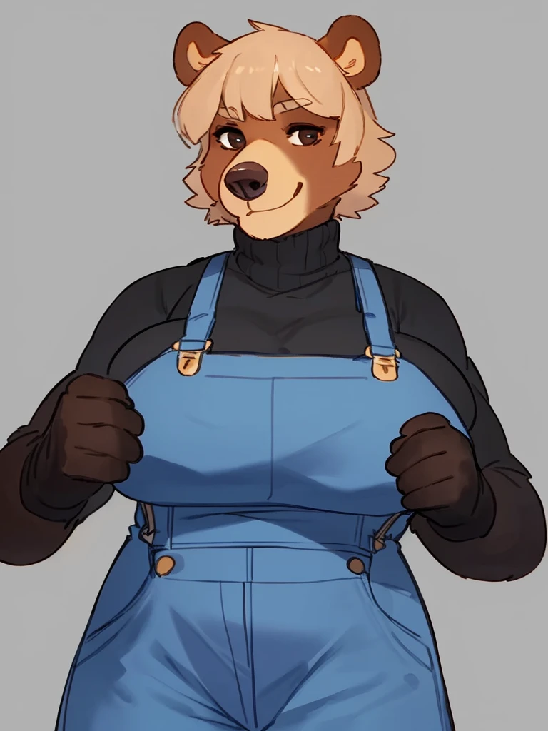 By bebebebebe, by lostgoose, by goonie-san, solo, female, bear, (snout, big nose, hair), sunbear, tan hair, smirking, muscular, big breasts, standing, overalls, turtleneck shirt with shirt sleeves, heavy duty gloves