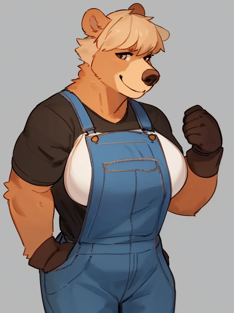 By bebebebebe, by lostgoose, by goonie-san, solo, female, bear, (snout, big nose, hair), sunbear, tan hair, smirking, muscular, big breasts, standing, overalls, turtleneck shirt with shirt sleeves, heavy duty gloves