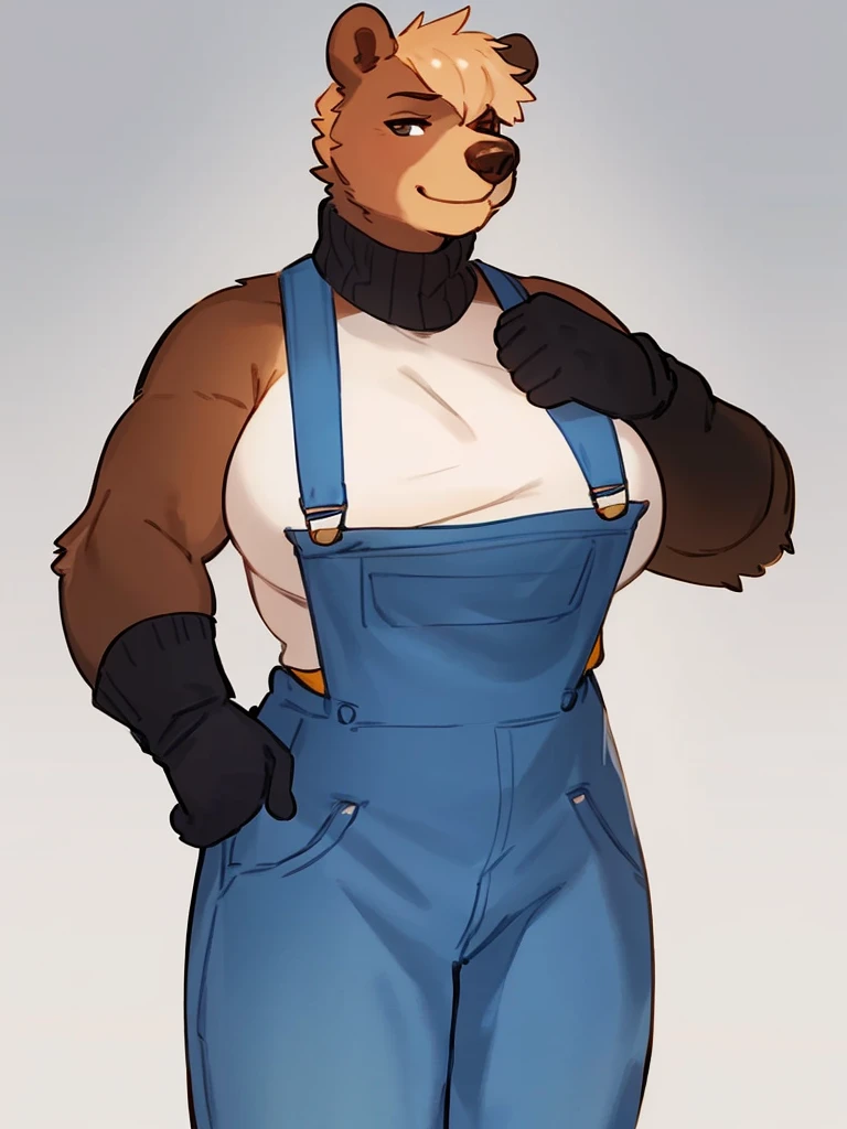 By bebebebebe, by lostgoose, by goonie-san, solo, female, bear, (snout, big nose, hair), sunbear, tan hair, smirking, muscular, big breasts, standing, overalls, turtleneck shirt with shirt sleeves, heavy duty gloves