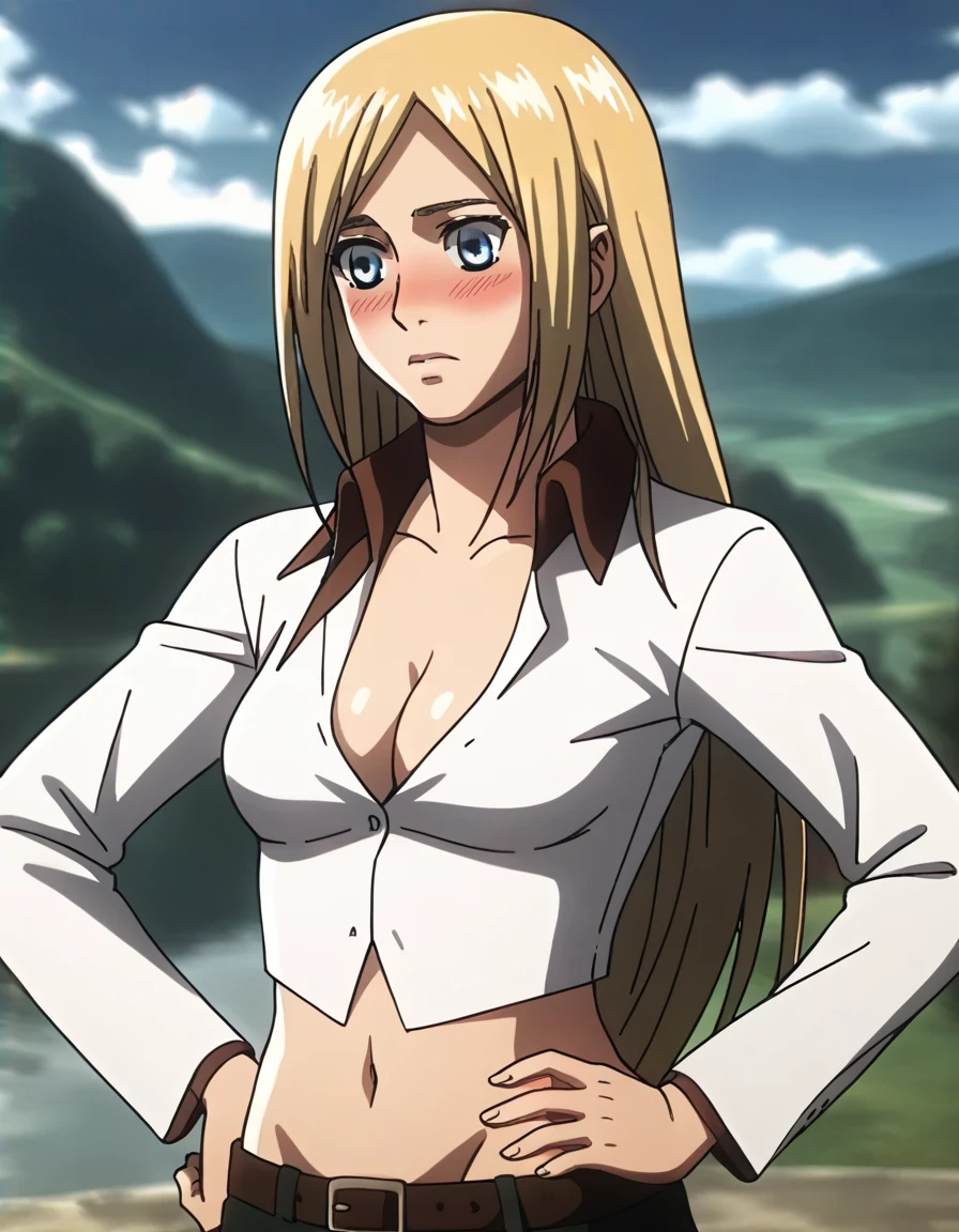 score_9, score_8_up, score_7_up,1girl,source_anime,historiaReiss ,blonde hair,long hair,blue eyes,detailed face,masterpiece,best quality,outdoors,christa renz, blush,
upper body, medium breasts, cleavage, navel, hand on hip