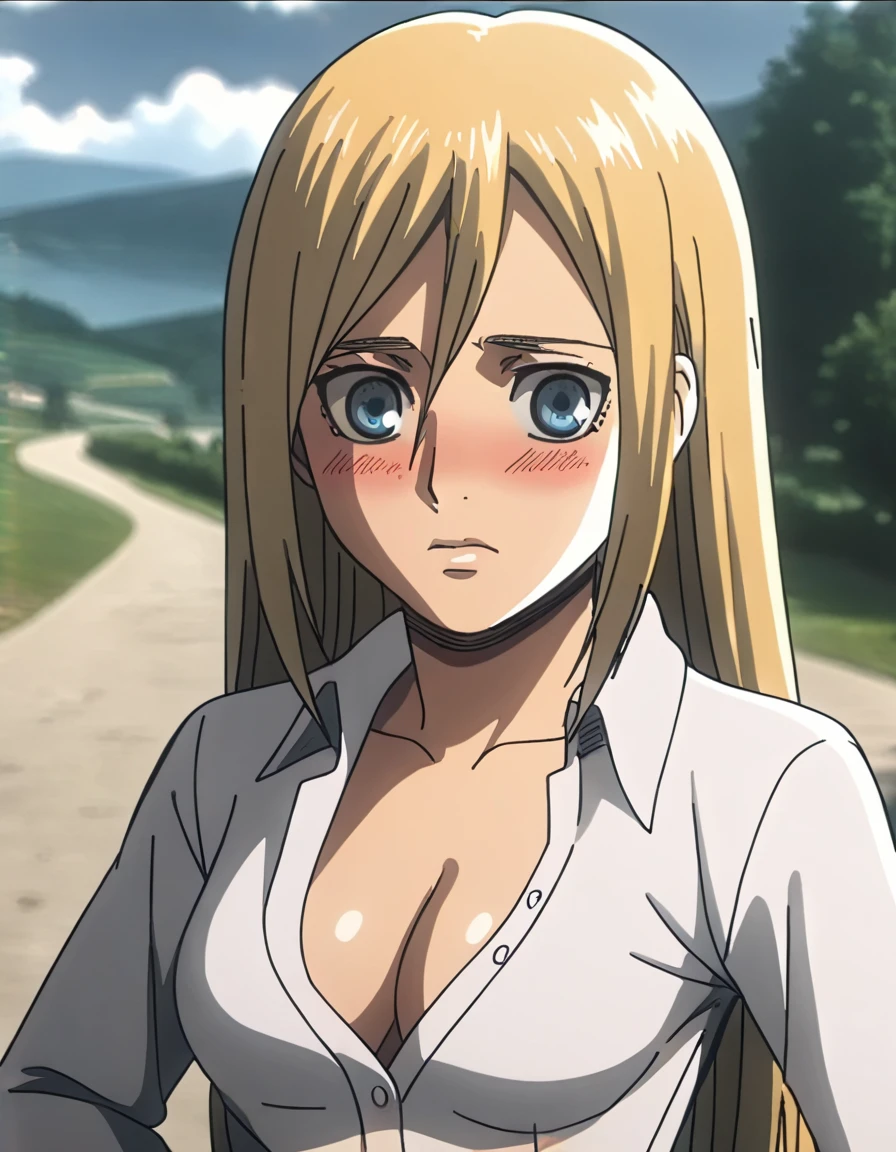 score_9, score_8_up, score_7_up,1girl,source_anime,historiaReiss ,blonde hair,long hair,blue eyes,detailed face,masterpiece,best quality,outdoors,christa renz, blush,
upper body, medium breasts, cleavage, navel, hand on hip