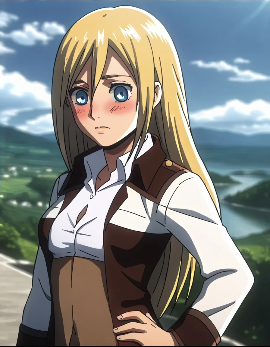 score_9, score_8_up, score_7_up,1girl,source_anime,historiaReiss ,blonde hair,long hair,blue eyes,detailed face,masterpiece,best quality,outdoors,christa renz, blush,
upper body, medium breasts, cleavage, navel, hand on hip