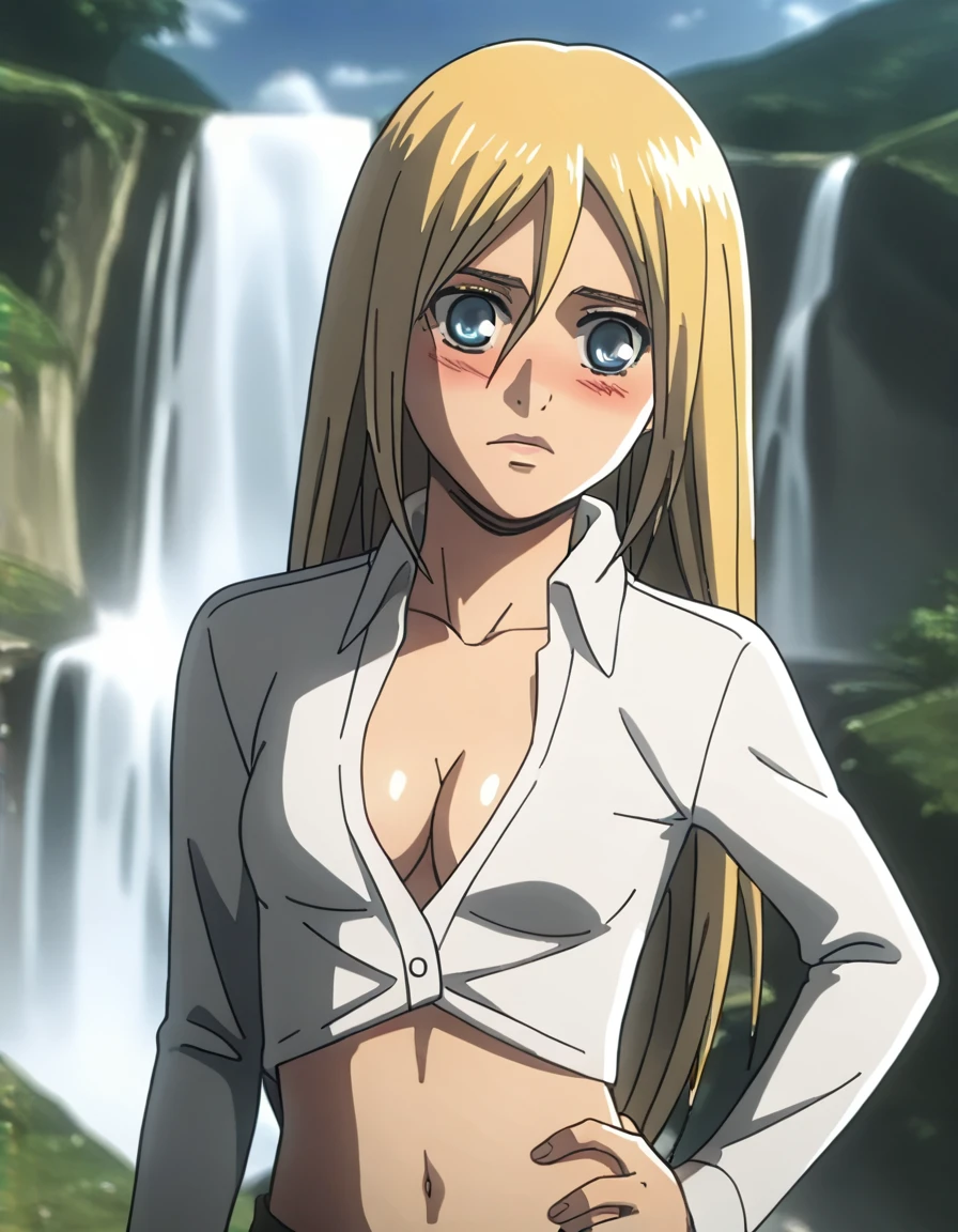 score_9, score_8_up, score_7_up,1girl,source_anime,historiaReiss ,blonde hair,long hair,blue eyes,detailed face,masterpiece,best quality,outdoors,christa renz, blush,
upper body, medium breasts, cleavage, navel, hand on hip