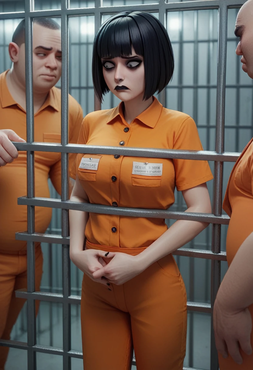 goth girl. goth make up, bob hair cut, bangs, inside a cell, in jail, nervous, orange prison uniform, orange pants, 3d, multiple fat man, skinny, black eyes, evil man