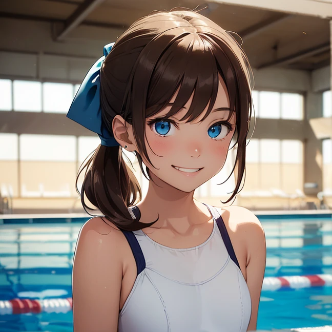 Absurdres, master piece, best high quality image, Science fiction genre, carefully detailed artwork, carefully detailed image, no deformity, solo alone character, full design
{{(1character: brown haired human girl, (beautiful blue eyes, fair skin, absolutely beautiful, brown hair tied in short ponytail with green ribbon, nice short teenage bodymedic personality, happy smile, gentle pose), (white one-piece simple swimsuit), (school pool))}}