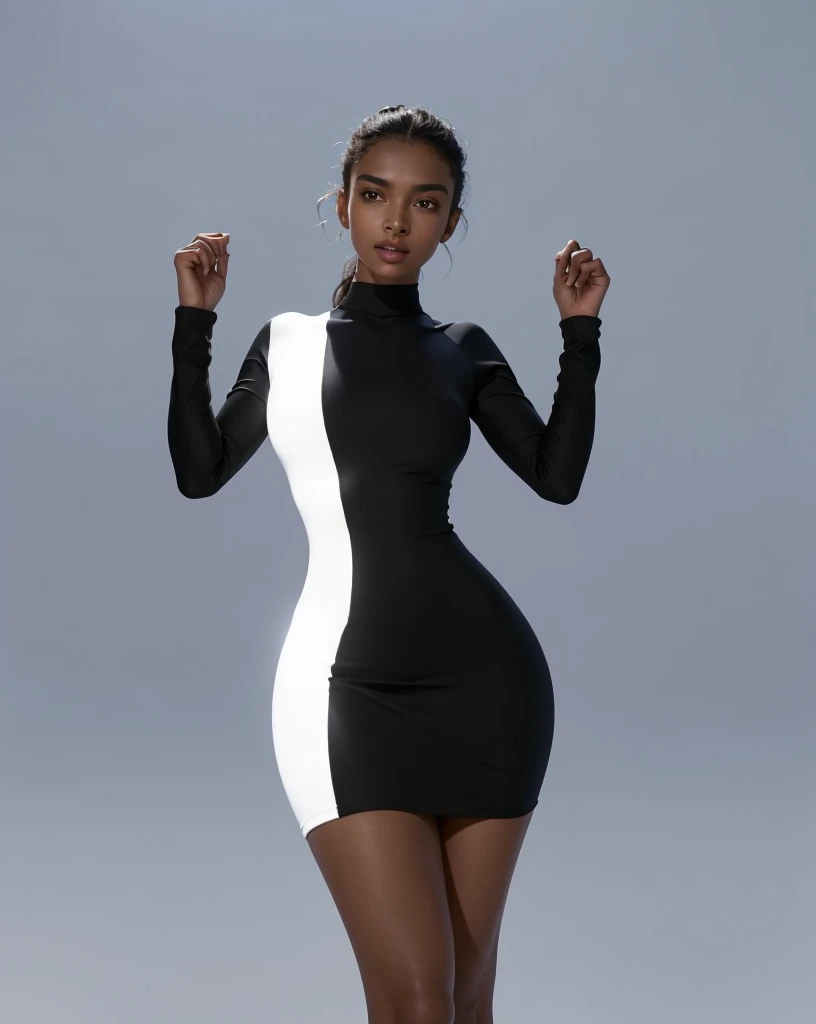 Blank studio background, (Beautiful teen girl, Yara Shahidi, Laura Harrier, Scai Jackson, young Deepika Padukone), Wearing tight white and black cotton-Lycra-fabric long sleeve mini dress, round breasts, (HDR, 8K, perfect lighting, vivid, vibrant, detailed: 1.4), (hyper realistic, movie graphics)