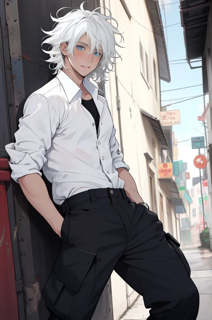 A boy, naughty man, adolescent, white hair, blue colored eyes, posing, Wearing a white shirt over black and black cargo pants, with messy hair