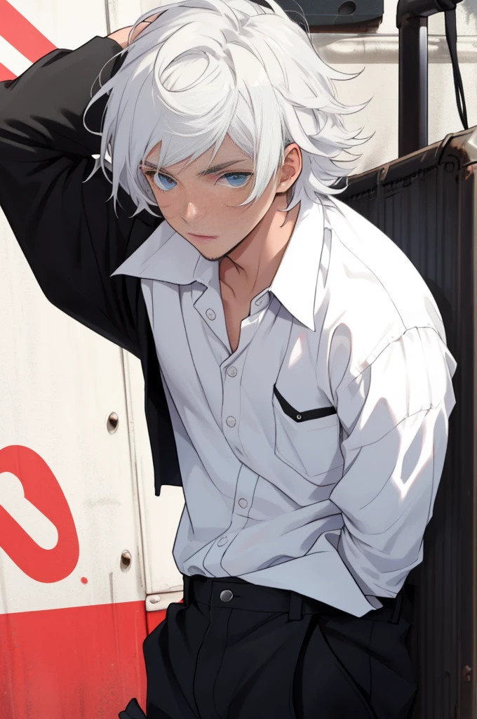 A boy, naughty man, adolescent, white hair, blue colored eyes, posing, Wearing a white shirt over black and black cargo pants, with messy hair