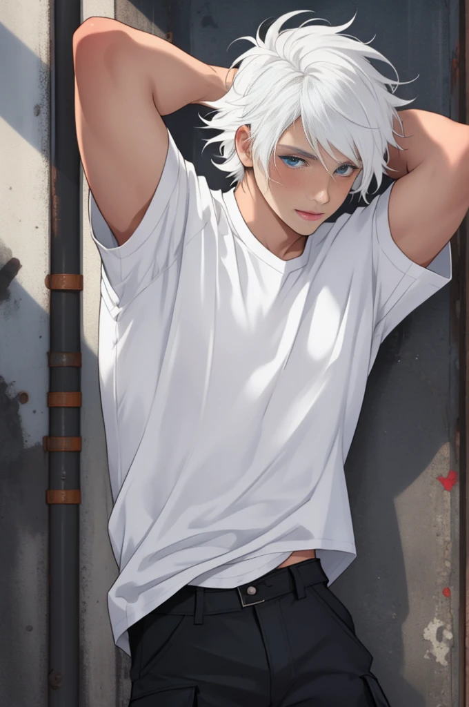 A boy, naughty man, adolescent, white hair, blue colored eyes, posing, Wearing a white shirt over black and black cargo pants, with messy hair