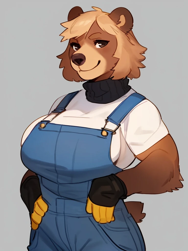 By bebebebebe, by lostgoose, by goonie-san, solo, female, bear, (snout, big nose, hair), sunbear, tan hair, smirking, muscular, big breasts, standing, overalls, turtleneck shirt with shirt sleeves, heavy duty gloves