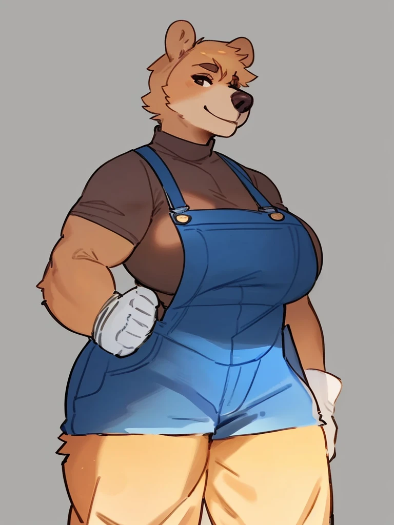 By bebebebebe, by lostgoose, by goonie-san, solo, female, bear, (snout, big nose, hair), sunbear, tan hair, smirking, muscular, big breasts, standing, overalls, turtleneck shirt with shirt sleeves, heavy duty gloves