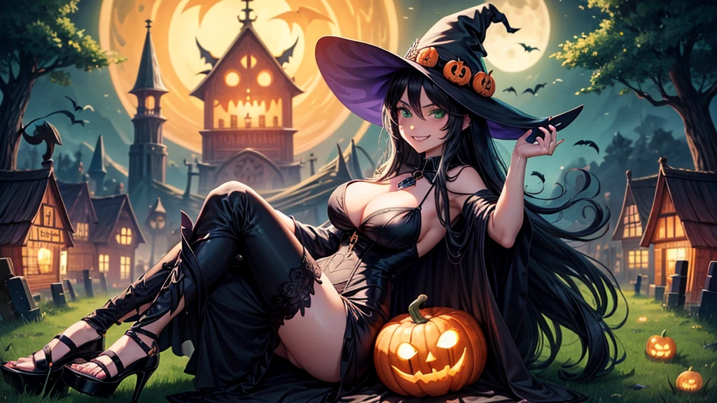 1girl, full body, very detailed, witch, with hat, black hair, black dress, long hair, large breasts, cleavage 1:3, green eyes, witch brrom in hand, high heels, grin, pumpkin lantern, skeletons, bats, owl, moon, trees, road, fence, graveyard