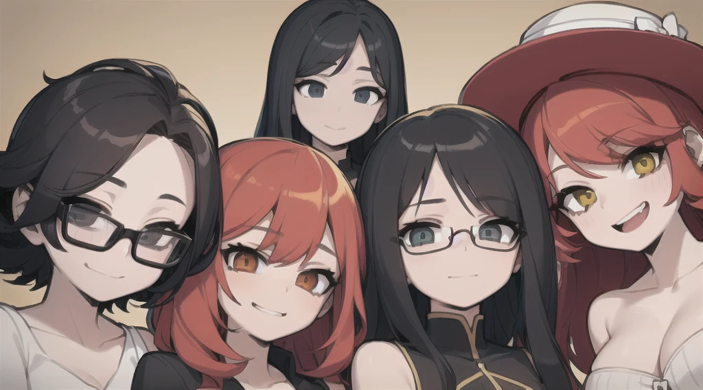 five sexy women who are wives of 4 years old boy, looking at camera, cute smiles, portrait, curly red hair colors, opened mouths moaning, glasses, sunhats