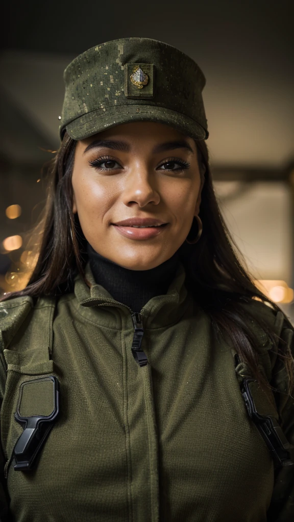 a beautiful Latin woman in military uniform, close-up portrait, military base in Alaska, winter day, stunning Alaskan lighting, smiling, 8k, realistic, photorealistic, ultra-detailed, masterpiece, dramatic lighting, cinematic, dramatic pose, intricate details, vivid colors