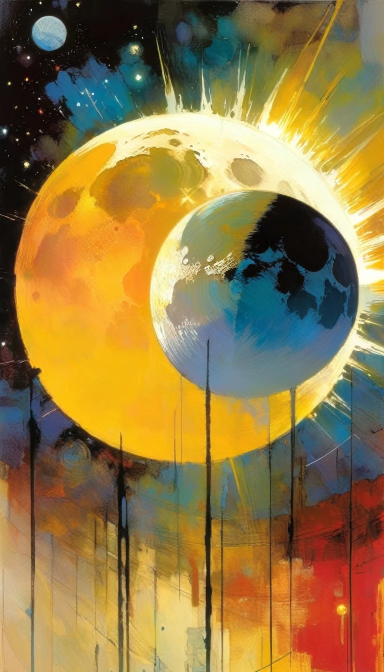 the moon against the sun (art inspired by Bill Sienkiewicz). oil painting)
