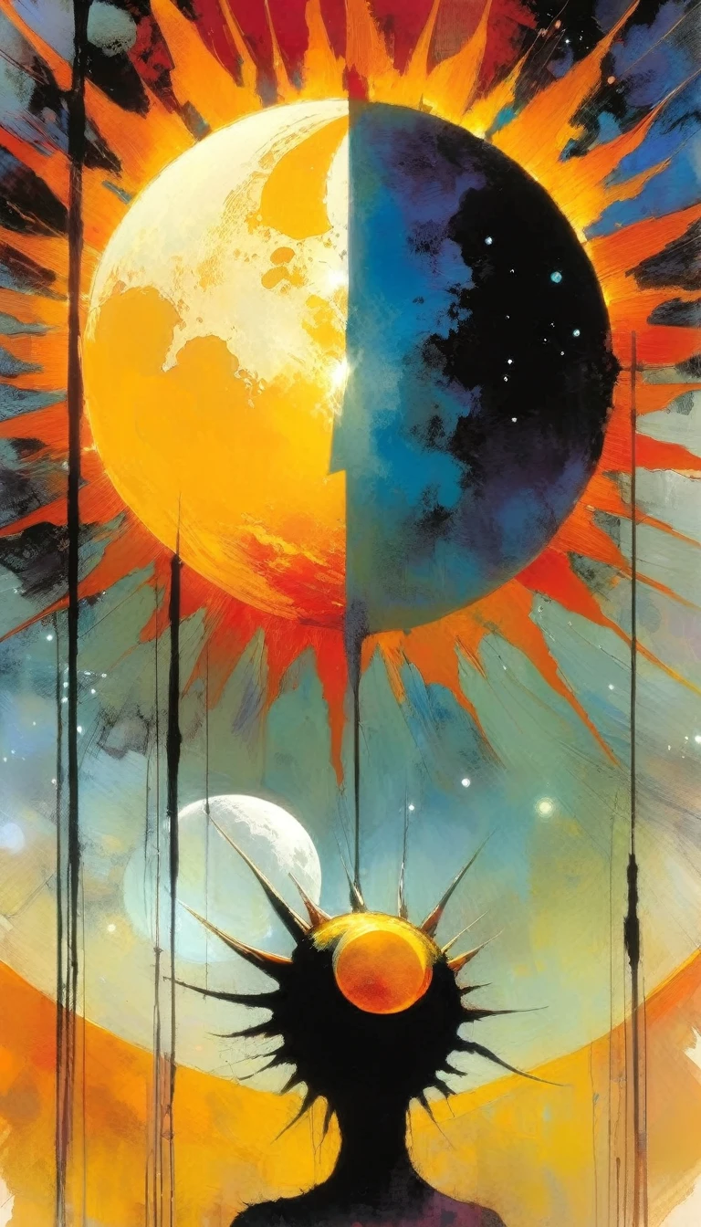the moon against the sun (art inspired by Bill Sienkiewicz). oil painting)