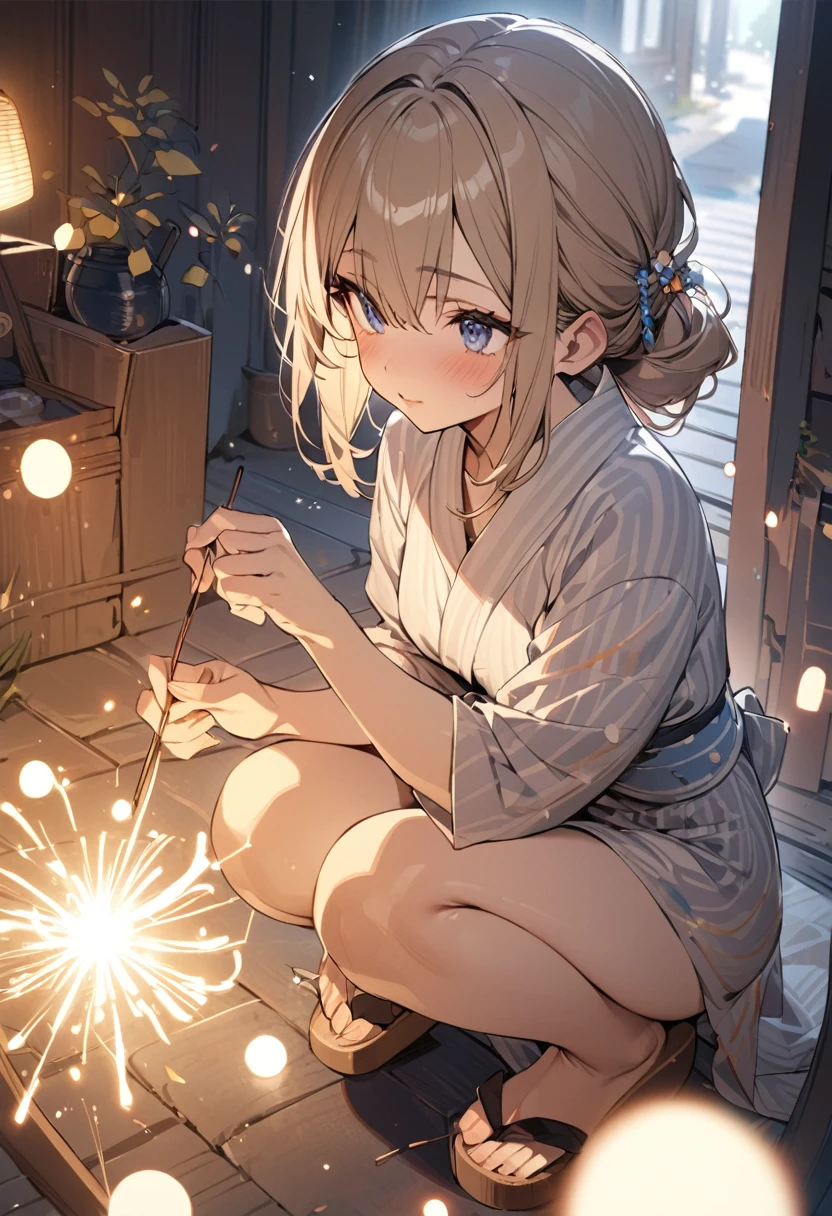 concept is summer,one girl,short straight gold hair,wearing Yukata,She's wearing a thick-bottomed clog with cute decorations,She is squatting down and pinching the 1 sparklers with one hand,The fantastic sparkle of sparklers, beautiful sparks,(((masterpiece))), (((best quality))), ((ultra-detailed)), (illustration), (detailed light),((an extremely delicate and beautiful)),(beautiful detailed eyes),