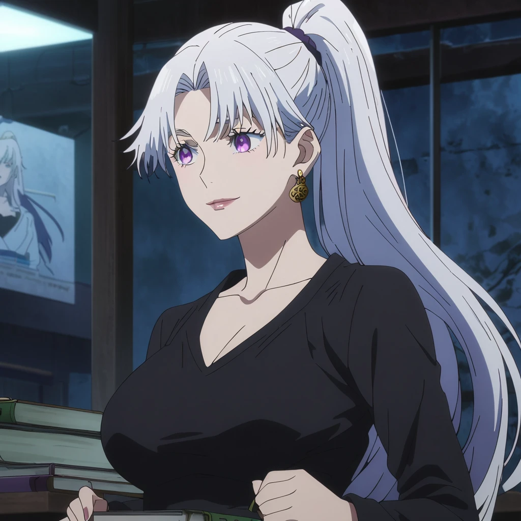1girl, female gojo satoru, anime screencap from jujutsu kaisen, gojo satoru female version, solo, long_hair, ((purple eyes)) ((White_hair, high ponytail)), night view, (hanging breasts) upper_body, smile, indoors, book, lips, (long hair) ((wearing black one piece, glossy)) breast, "very detailed and high resolution" (purple eyes) ((solo)) (((front view))) (earings) ((high resolution)) ((good quality)) ((silky hair, high ponytail))