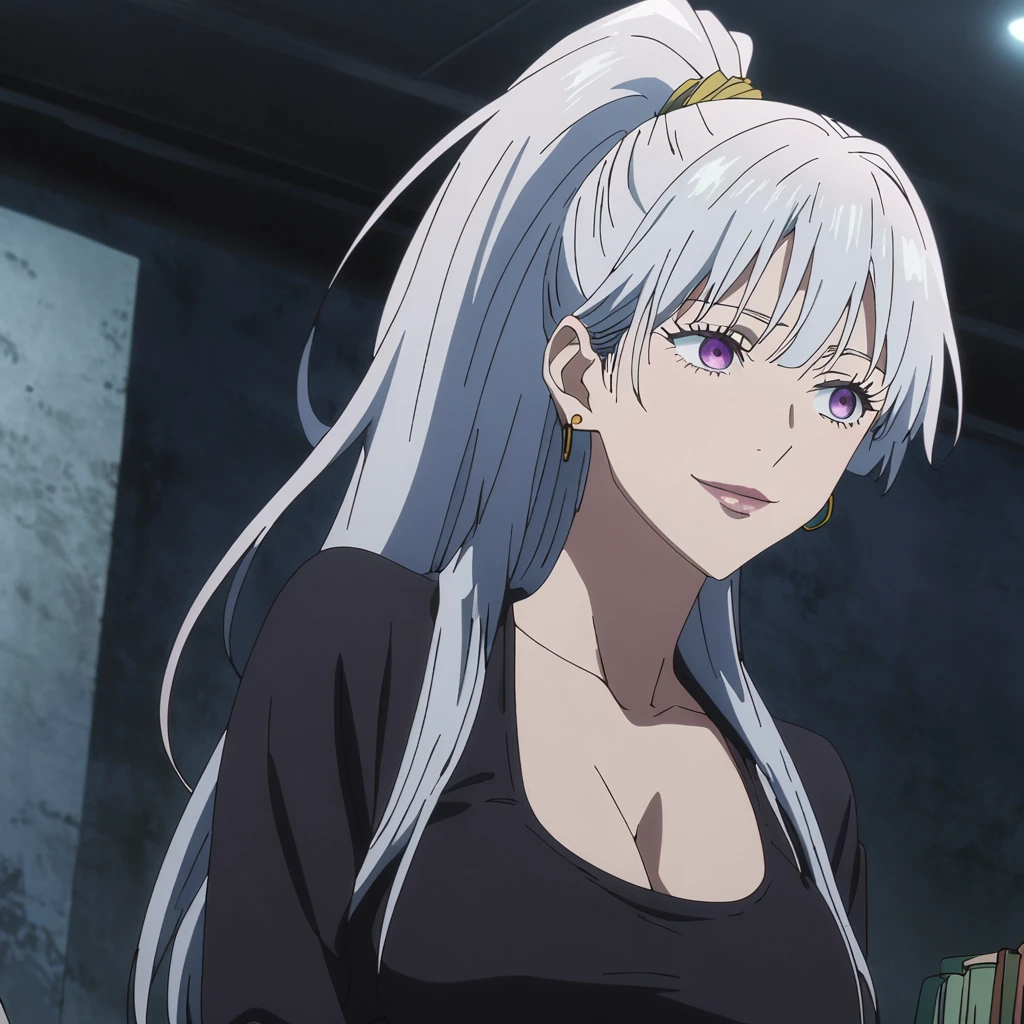 1girl, female gojo satoru, anime screencap from jujutsu kaisen, gojo satoru female version, solo, long_hair, ((purple eyes)) ((White_hair, high ponytail)), night view, (hanging breasts) upper_body, smile, indoors, book, lips, (long hair) ((wearing black one piece, glossy)) breast, "very detailed and high resolution" (purple eyes) ((solo)) (((front view))) (earings) ((high resolution)) ((good quality)) ((silky hair, high ponytail))