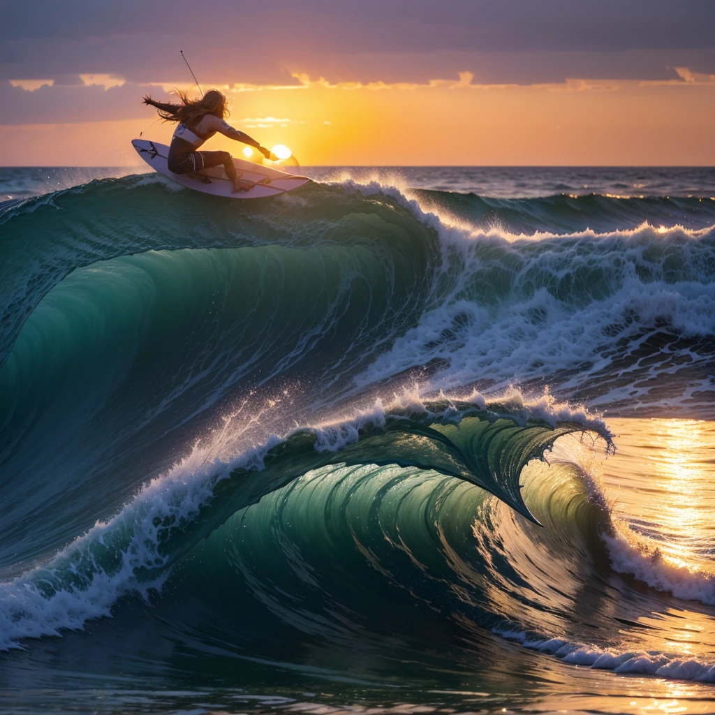 A surfer catching a big wave at sunset, with the ocean in shades of orange and purple