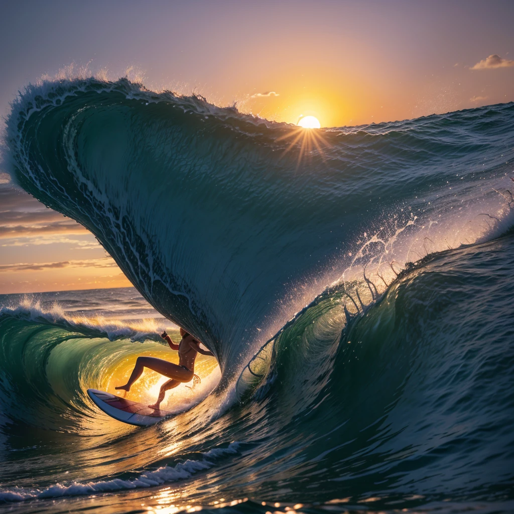 A surfer catching a big wave at sunset, with the ocean in shades of orange and purple