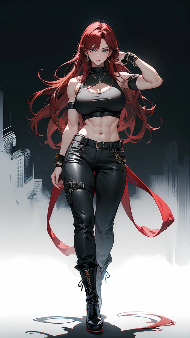 Highest quality、masterpiece、8k、Realistic、超High resolution、Very delicate and beautiful、High resolution、Fantasy World、Muscle Girl、Muscle Girl、Best Style、Perfect female body、Beautiful woman、Mature Woman、Red hair、Unkempt long hair、Bright green eyes、Six Pack、Earrings、Toned body、Large Breasts、Big Breasts、Big body 、Thick muscles、Black military uniform、Tank top、I can see your belly、Black trousers、boots、cigarette、Wild Pose、Full body emphasis、Simple Background