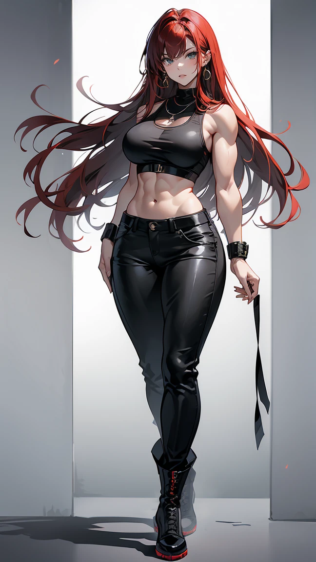 Highest quality、masterpiece、8k、Realistic、超High resolution、Very delicate and beautiful、High resolution、Fantasy World、Muscle Girl、Muscle Girl、Best Style、Perfect female body、Beautiful woman、Mature Woman、Red hair、Unkempt long hair、Bright green eyes、Six Pack、Earrings、Toned body、Large Breasts、Big Breasts、Big body 、Thick muscles、Black military uniform、Tank top、I can see your belly、Black trousers、boots、cigarette、Wild Pose、Full body emphasis、Simple Background