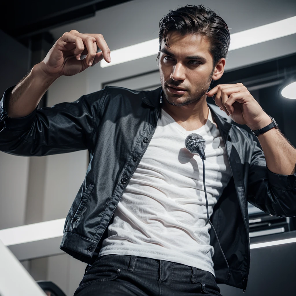 Create a man with mic in his hands