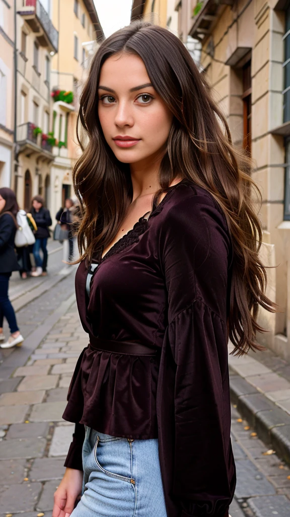 hyper realistic, 1 femme 28 years old, Long Wavy Hair, dark brown eyes, top, Jupe courte, la rue, Italie very beautiful