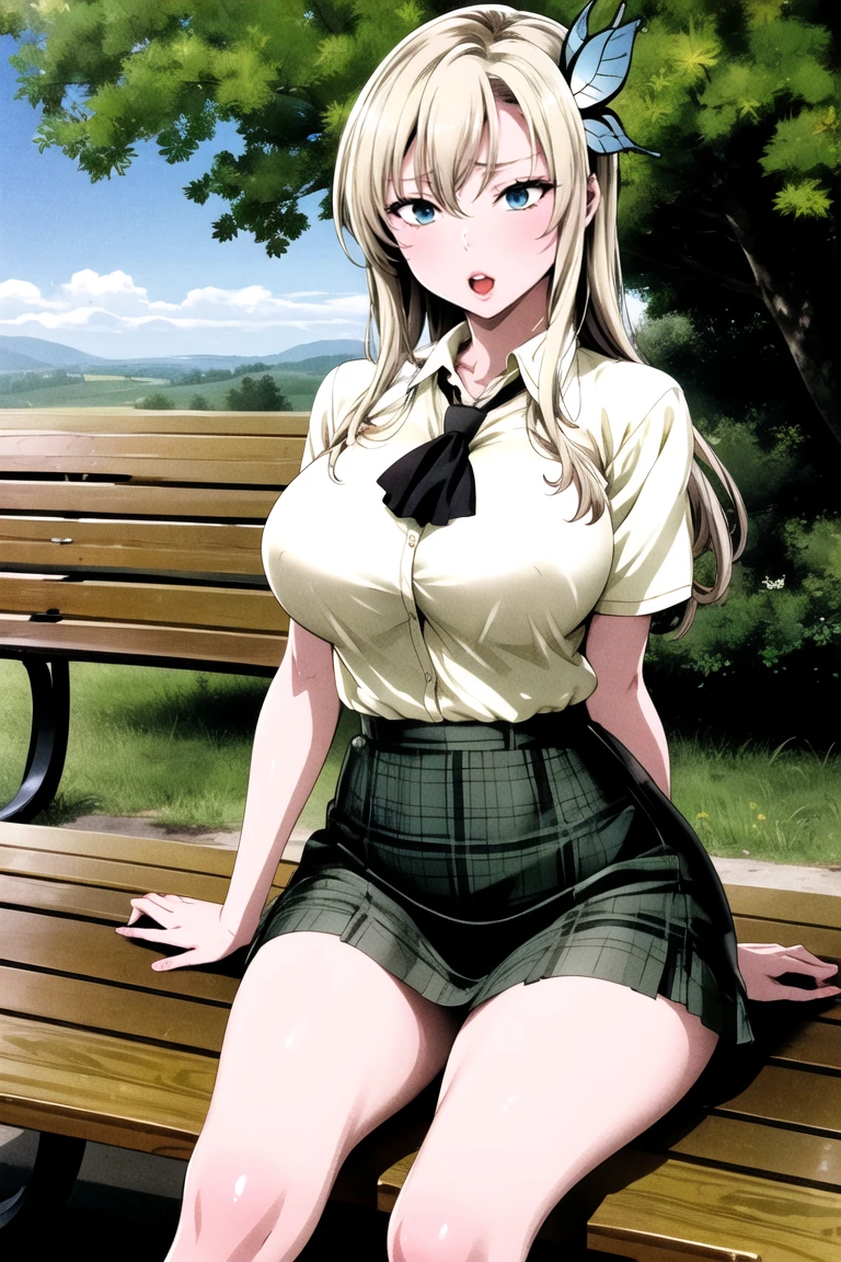 masterpiece, best quality, highres, aasena, long hair, hair ornament, large breasts, black neckerchief, shirt, short sleeves, plaid skirt, green skirt, standing, cowboy shot, outdoors, bench, sitting, :o