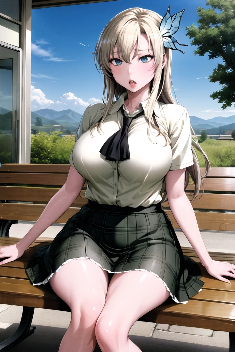 masterpiece, best quality, highres, aasena, long hair, hair ornament, large breasts, black neckerchief, shirt, short sleeves, plaid skirt, green skirt, standing, cowboy shot, outdoors, bench, sitting, :o