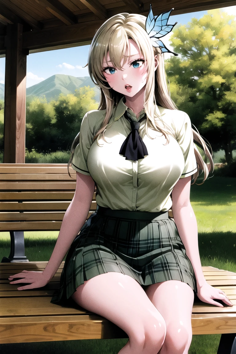 masterpiece, best quality, highres, aasena, long hair, hair ornament, large breasts, black neckerchief, shirt, short sleeves, plaid skirt, green skirt, standing, cowboy shot, outdoors, bench, sitting, :o