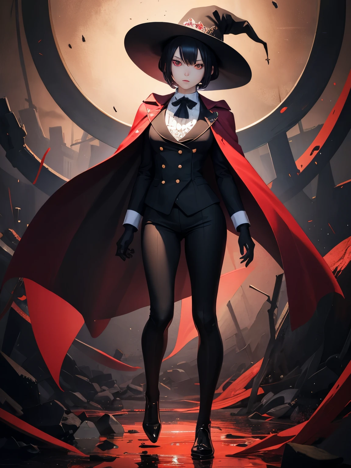 anime girl in a butler outfit, short black hair, red crimson eyes, closed mouth, serious, cape, big wizard hat, full body shot, gloves, anime, Gothic art, high details, high quality, 4K, HD, masterpiece, anatomically correct