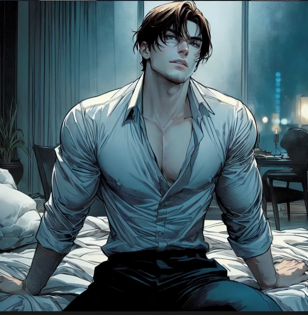 A muscular man with brown hair, kneeling on the ground, he is attractive with a villainous aura, he has burn marks on his body, fanart and anime style