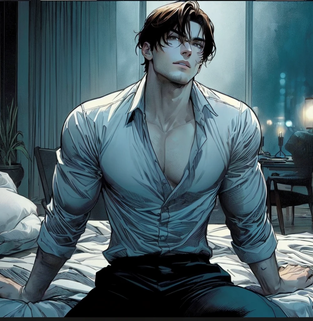 A muscular man with brown hair, kneeling on the ground, he is attractive with a villainous aura, he has burn marks on his body, fanart and anime style