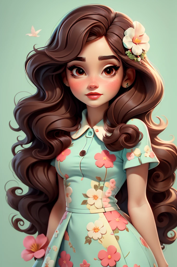 Lana Del Rey, flower dress, white background,, red lips,, pink pinup style, aqua black eyes, brown hair
